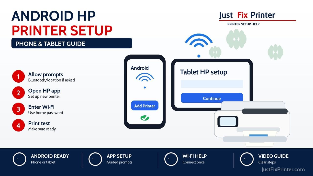 Android phone and tablet HP printer setup image showing HP app permissions, Wi-Fi password, and printer ready status