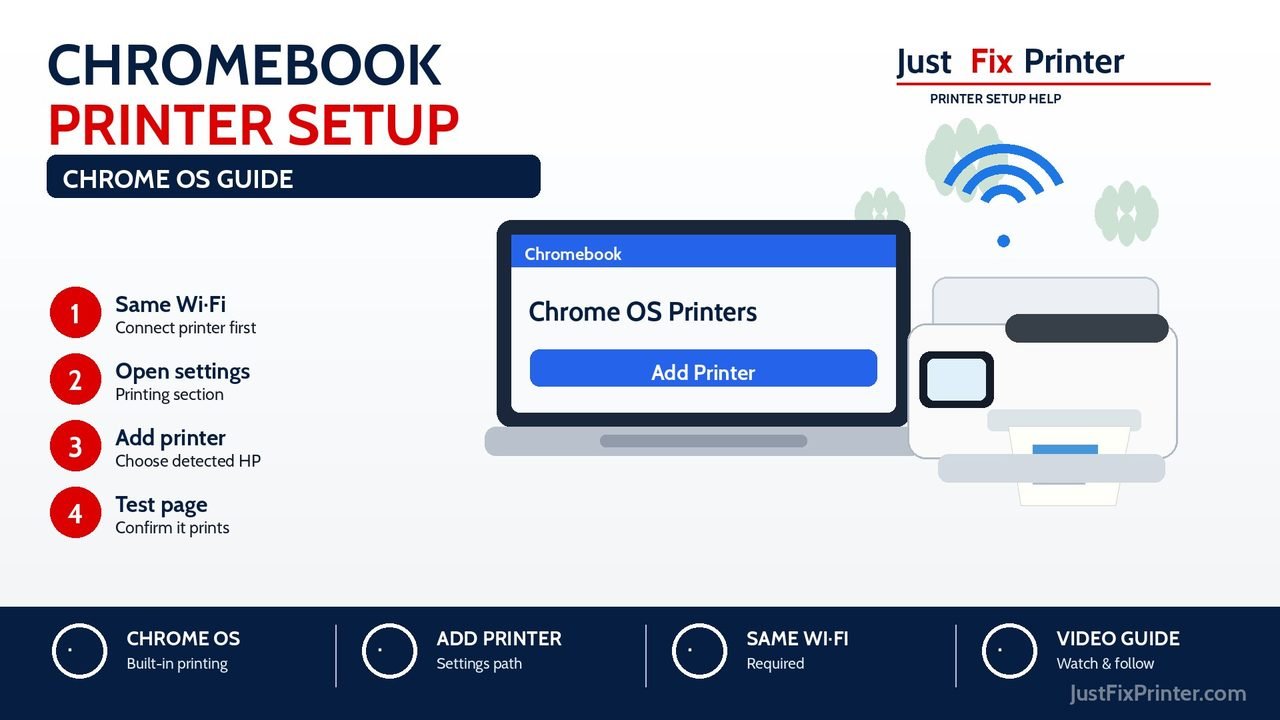 Chromebook HP printer setup image showing Chrome OS printer settings, add printer, and same Wi-Fi network