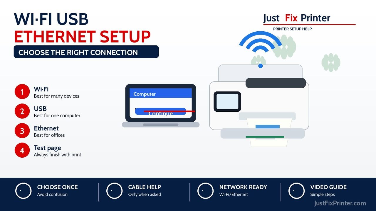 HP printer setup connection options image comparing Wi-Fi, USB, and Ethernet connection choices
