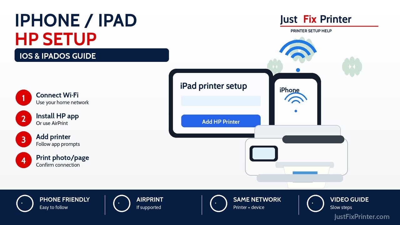 iPhone and iPad HP printer setup image showing HP app, AirPrint, Wi-Fi, and printing from iOS or iPadOS