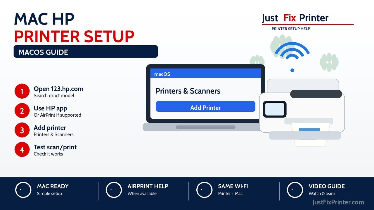 Mac HP printer setup image showing 123.hp.com, HP app or AirPrint, Printers and Scanners, and a test page