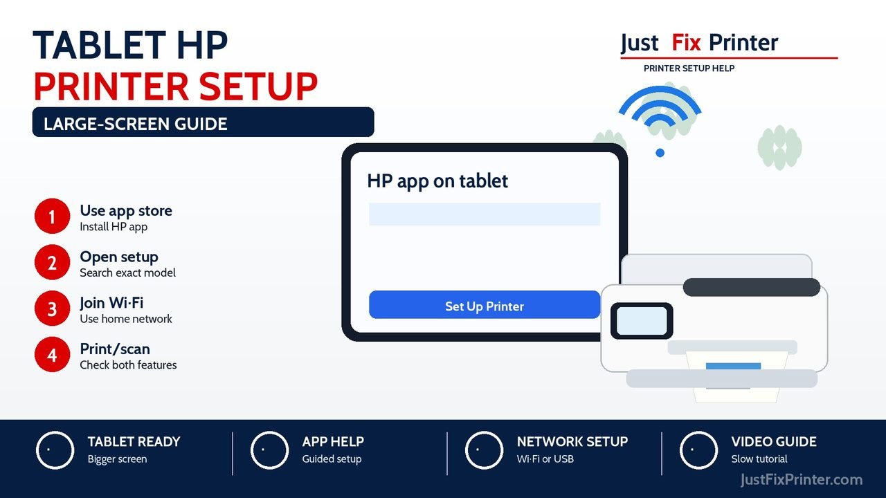 Tablet screen HP printer setup image showing the HP app, setup page, Wi-Fi network, and print or scan test