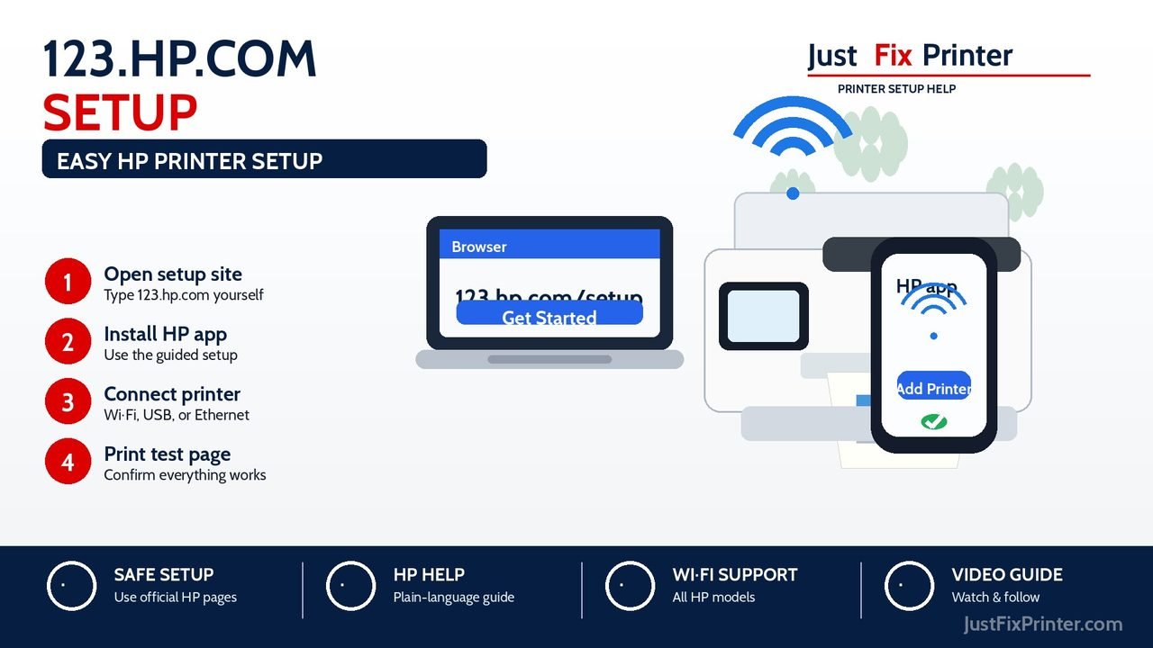 HP printer setup flow with a computer, phone, printer, and Wi-Fi router