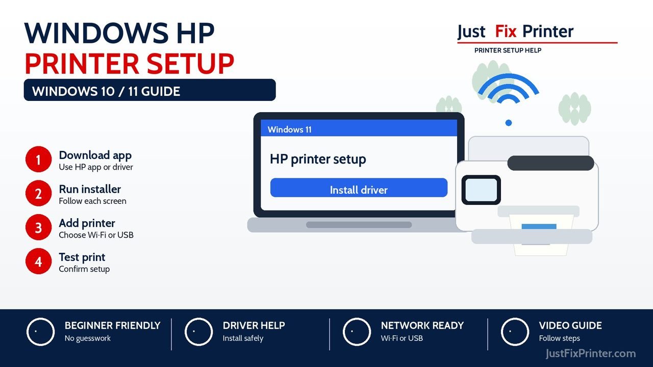 Windows 10 and Windows 11 HP printer setup image showing driver download, installer, Wi-Fi or USB, and test print